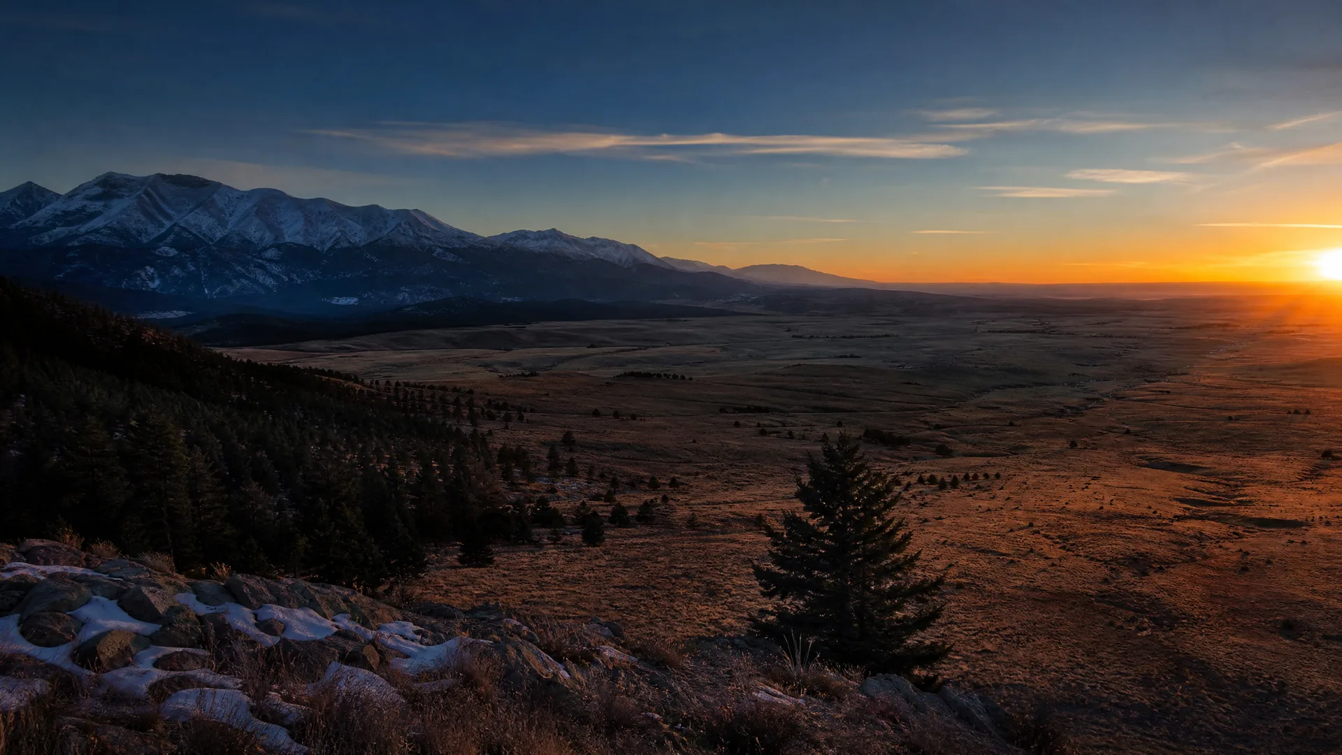 Wide sunset view from a rocky, conifer-dotted slope over a broad grassland valley, with snow-capped mountains on the left horizon and the sun low on the right.