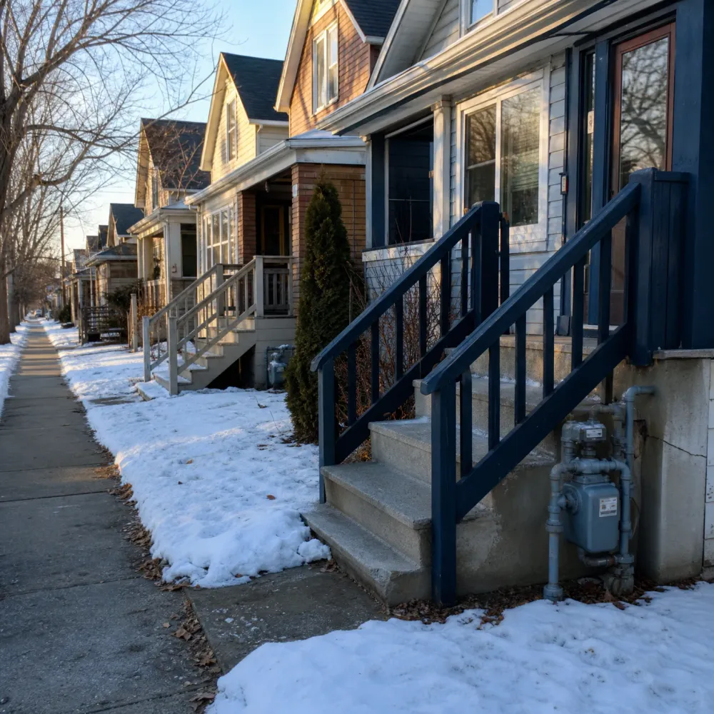 A row of closely spaced two-story houses along a sidewalk with patchy snow, the nearest with concrete steps and dark blue wooden railings and a gas meter at the foundation.