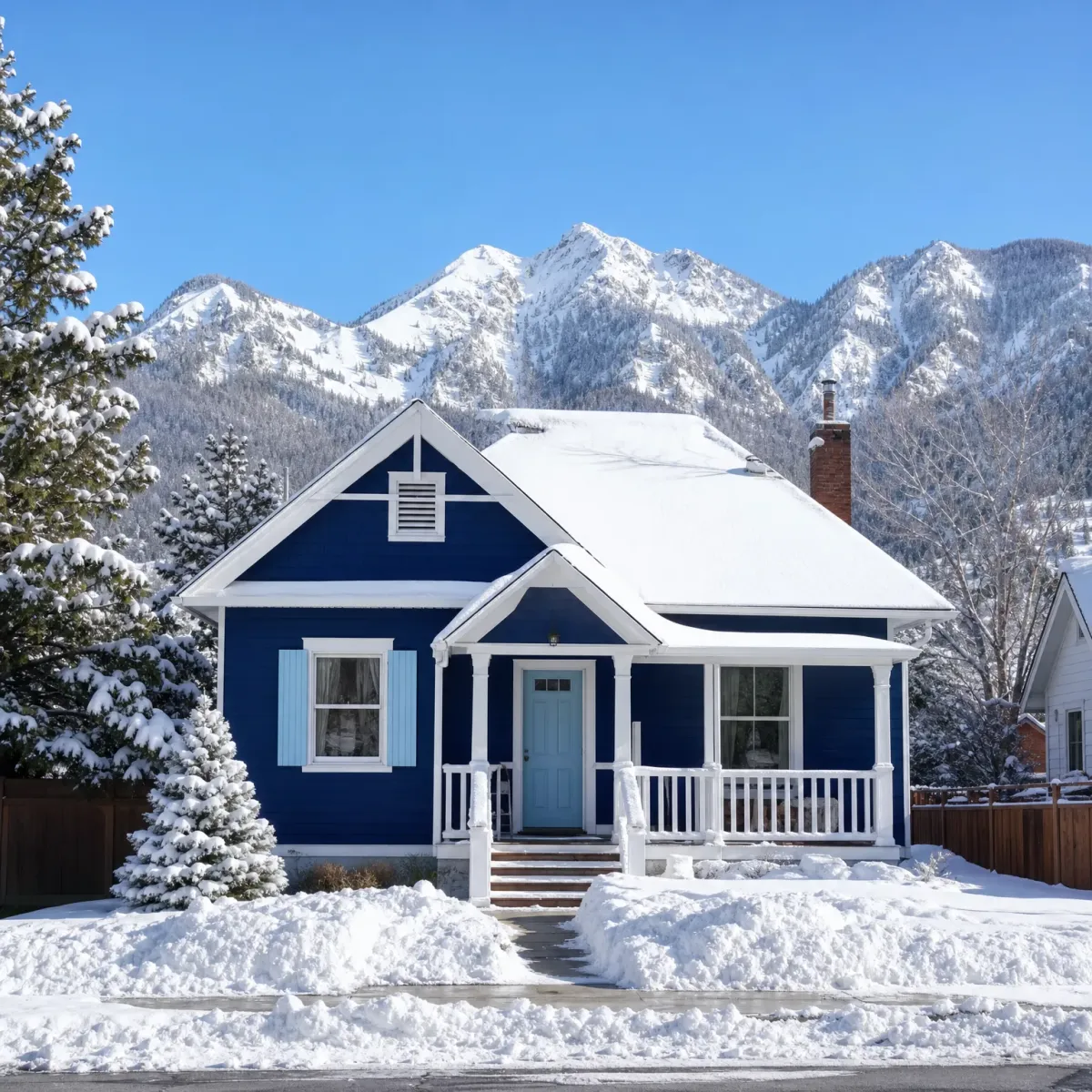 A small navy-blue house with white trim, light blue door and shutters, and a snow-covered roof, surrounded by deep snow, snow-laden evergreens, and snowy mountains under a clear blue sky.