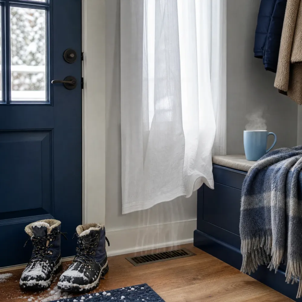 Entryway with a navy paneled door, snow-dusted winter boots on a wood floor, a floor air vent, a sheer white curtain, a navy built-in bench with a plaid throw and a steaming light blue mug, and coats hanging at upper right.