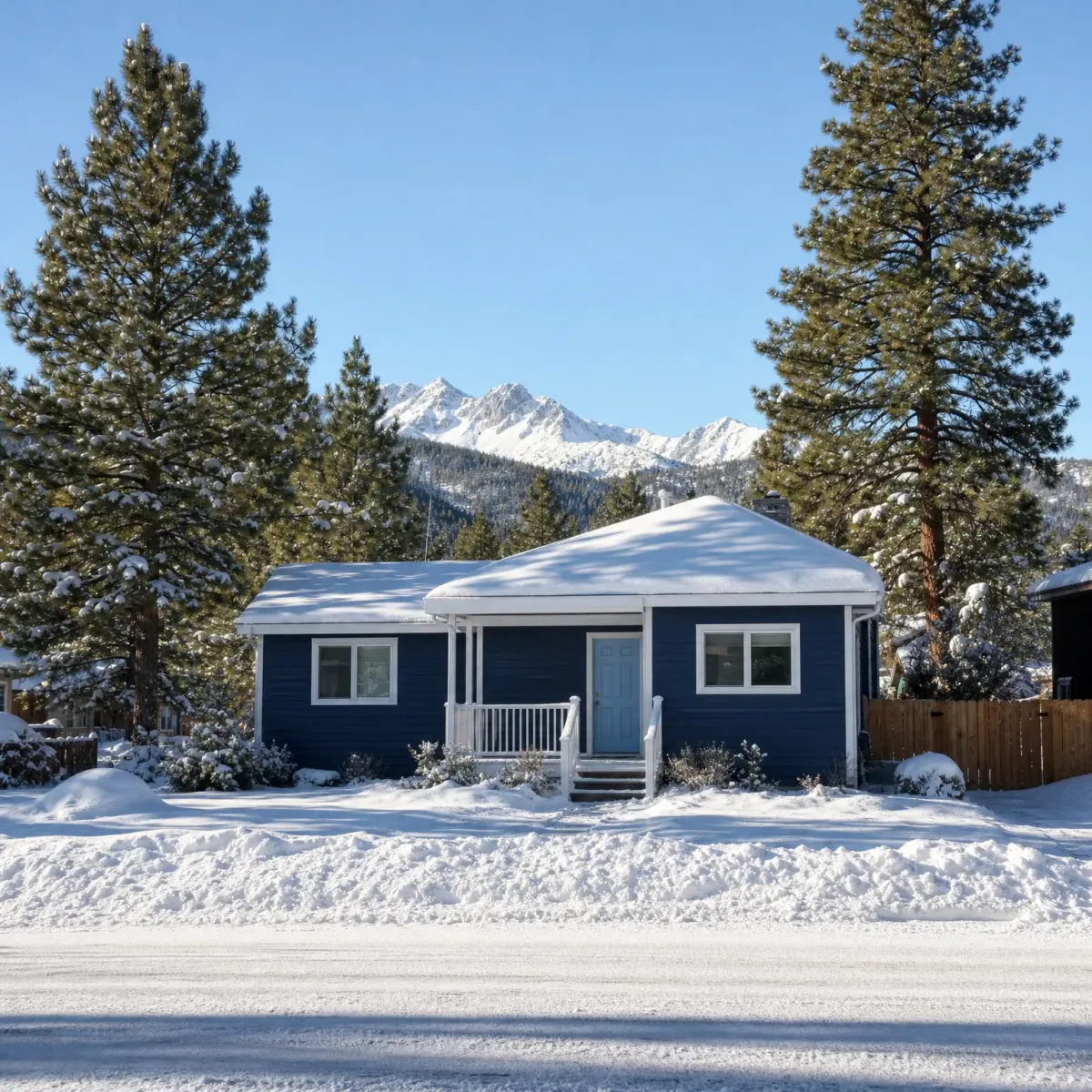 A single-story navy blue house with white trim and a small covered porch, its roof covered in snow, flanked by tall pine trees with snow-covered ground and a snowy mountain range under a clear blue sky.