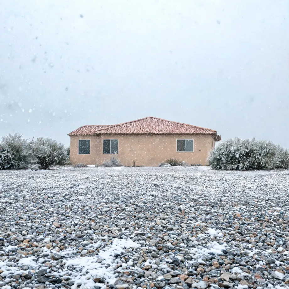 A single-story stucco house with a red tile roof stands behind low shrubs during falling snow, with a broad gravel yard dusted with snow in the foreground.