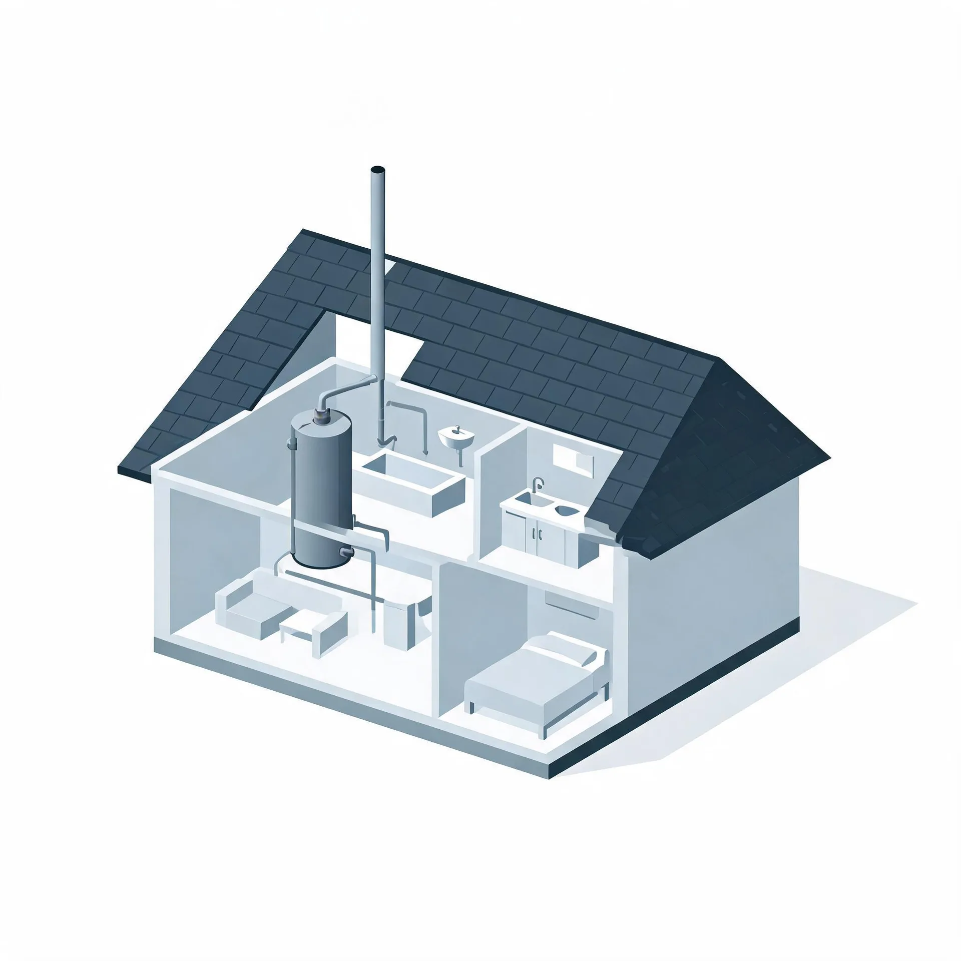 Isometric cutaway illustration of a small house with a dark shingled roof, showing interior rooms with a bed, bathtub, sink, kitchen counter, and a tall cylindrical water heater connected to a vertical flue pipe through the roof.