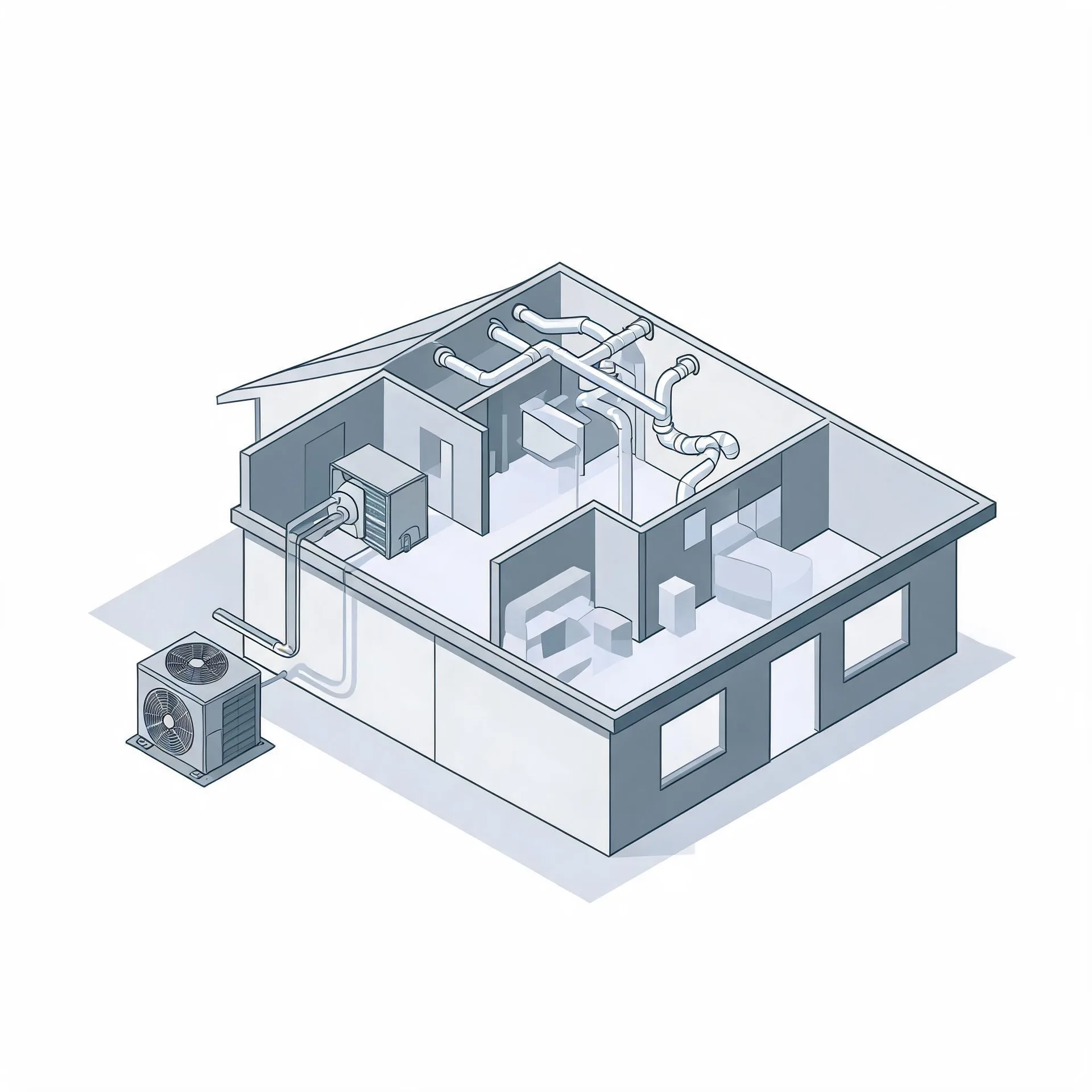 Isometric line illustration of a cutaway house showing interior rooms, ceiling ductwork connected to an indoor air handler, and an outdoor condenser unit linked by refrigerant lines.