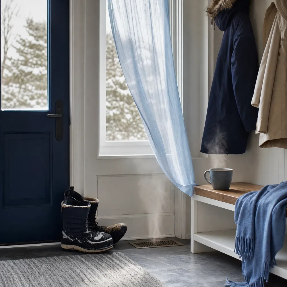 Entryway with a dark blue door, snowy trees seen through a window with a pale blue curtain, snow-dusted boots on a tile floor, a floor vent, and a steaming mug on a wooden bench with a blue fringed throw and coats on hooks.