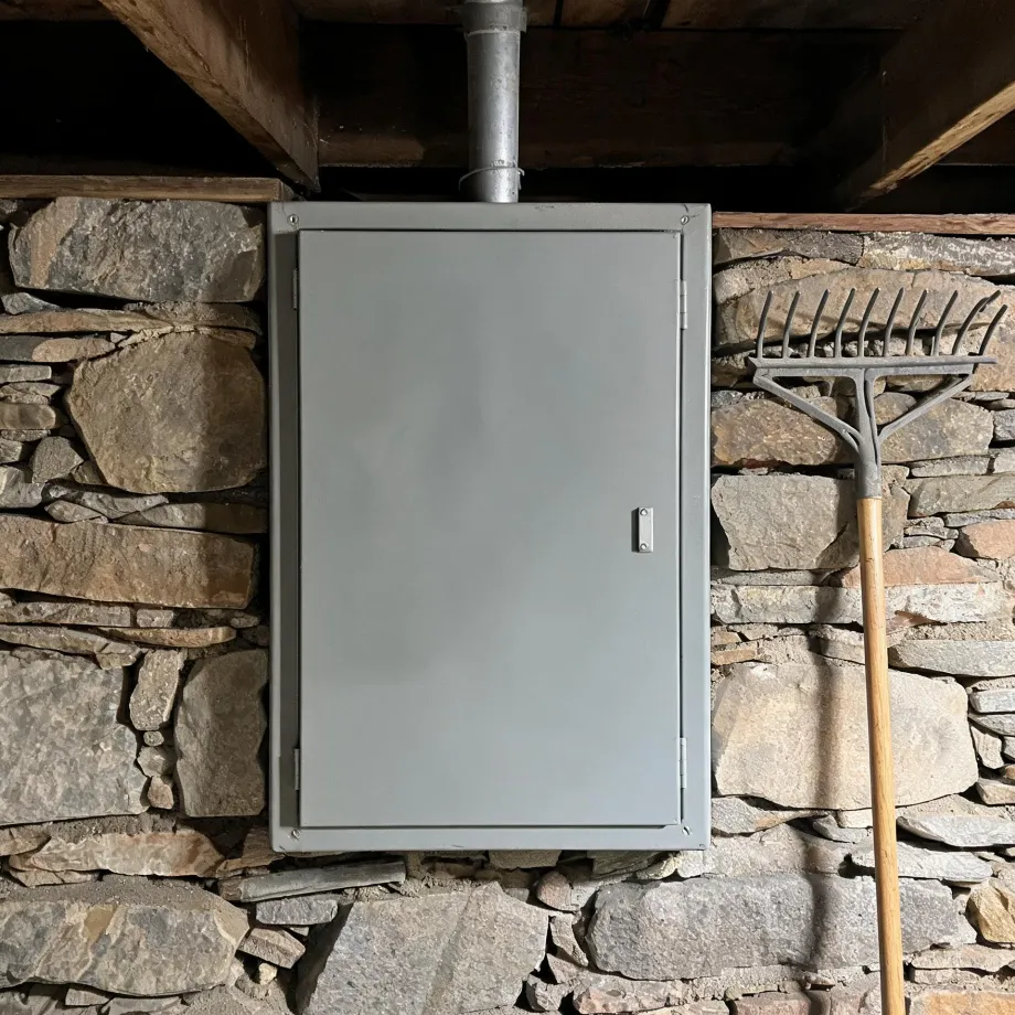 A gray metal electrical panel box mounted on a dry-stacked stone wall beneath wooden beams, with a metal duct pipe above and a wooden-handled rake leaning at right.