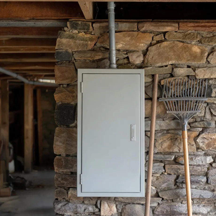 A gray metal cabinet or access panel with a vertical handle mounted on a rough stone wall, with a metal pipe running up from its top, a leaf rake and a wooden-handled tool leaning to the right, and wooden ceiling beams above an open dirt-floored space at left.