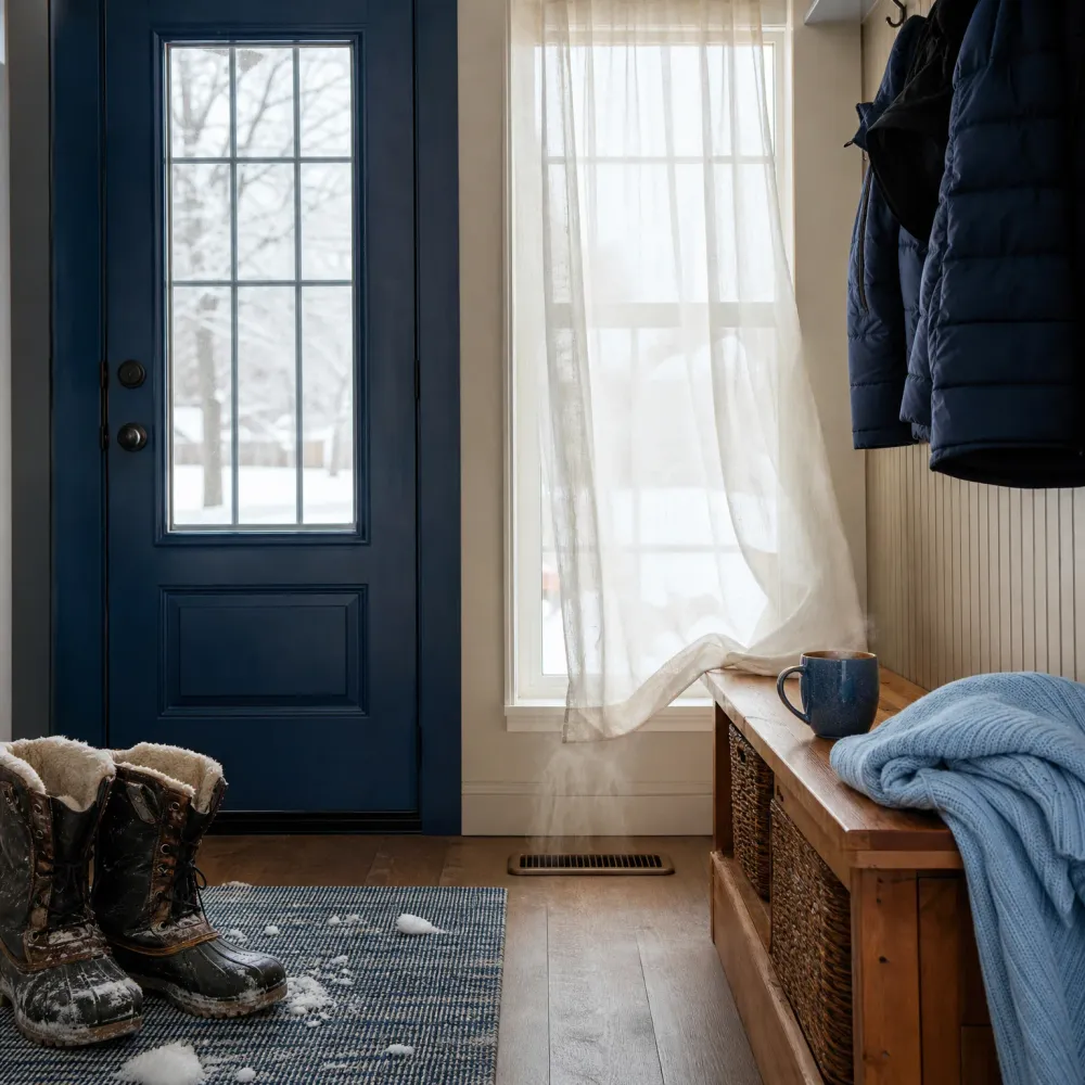 Mudroom entry with a navy front door with snowy trees visible through its glass panes, snow-covered boots on a blue woven rug, a floor vent, a wooden bench with wicker baskets, a blue mug and knit blanket, and dark coats hanging on wall hooks.