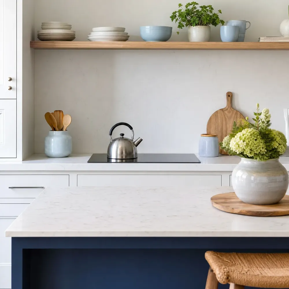 A kitchen with a white stone-topped island over navy cabinetry, a stainless kettle on a black cooktop, a wooden open shelf holding bowls, mugs and a potted plant, and a ceramic vase of green flowers beside a woven stool.
