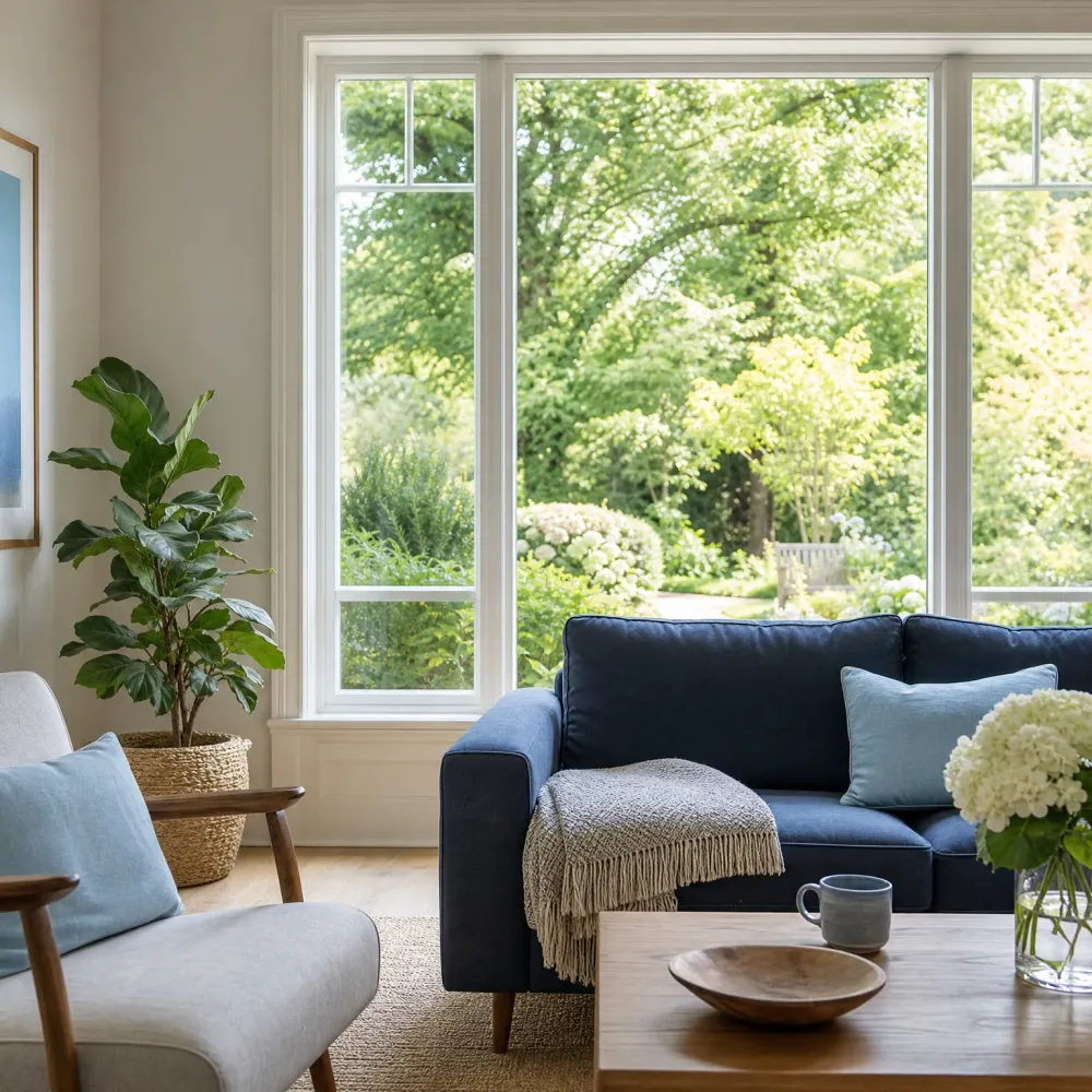 A living room with a navy sofa, light blue cushions and a fringed throw in front of large white-framed windows showing a green garden, with a potted fiddle-leaf fig, an upholstered armchair, a woven rug, and a wooden coffee table holding a bowl, mug and vase of white flowers.
