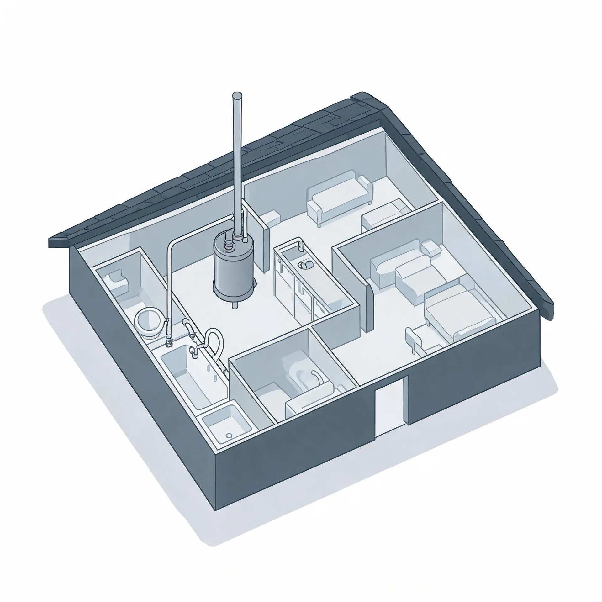 Isometric cutaway illustration of a single-story house interior showing bathrooms, bedrooms with beds, a living area with a sofa, and a cylindrical water heater with a tall vent pipe extending through the roof.