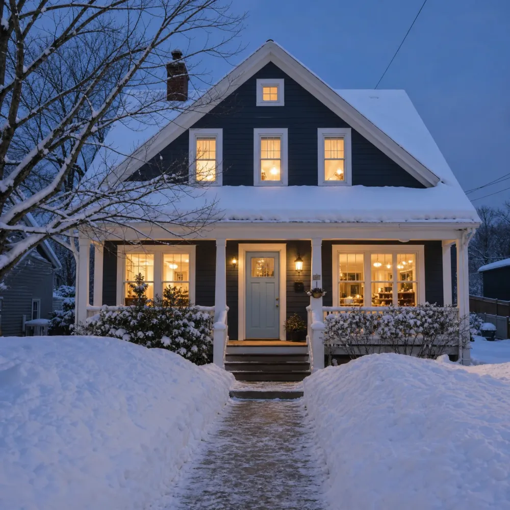 A dark-sided two-story house with white trim and a covered front porch, its windows lit at dusk, with deep snow banked along a shoveled walkway to the steps and bare trees at left.