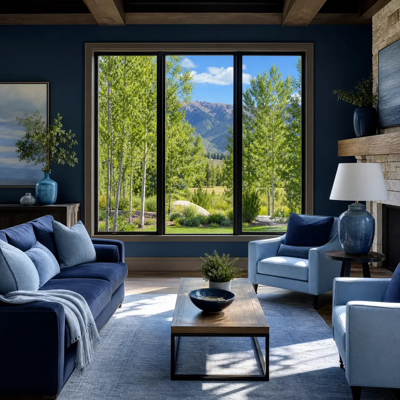 Living room with dark blue walls, a navy sofa, light blue armchairs, a wooden coffee table, and a large three-pane window showing green trees and distant mountains.