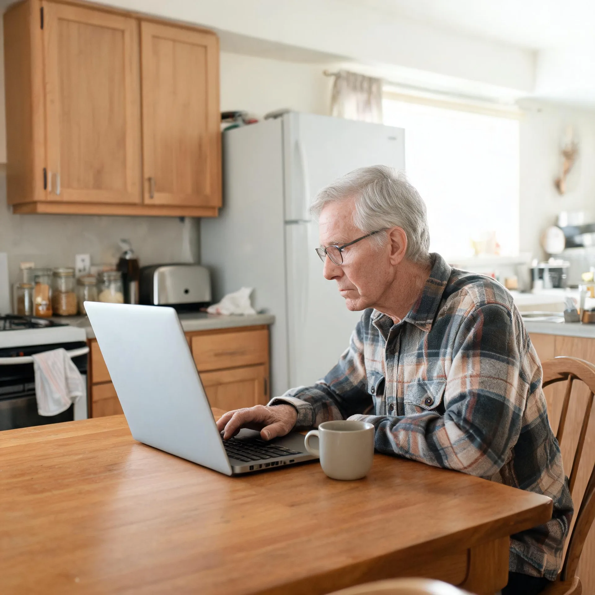 An older man with white hair and glasses, wearing a plaid flannel shirt, sits at a wooden kitchen table using a laptop, with a beige mug beside him and a refrigerator and wood cabinets behind.