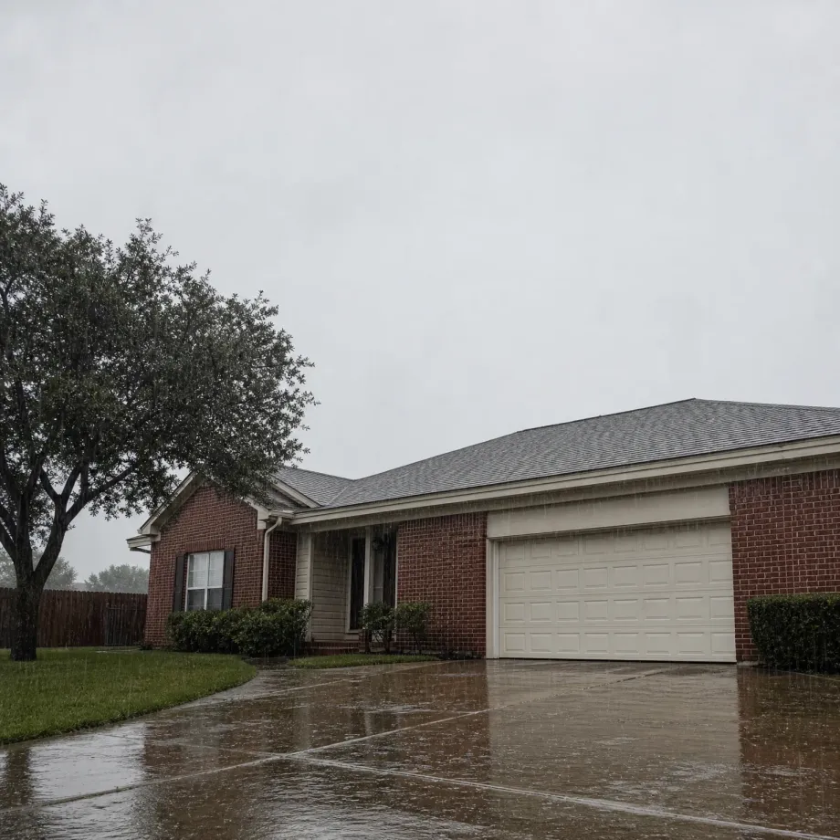 A single-story red brick house with a gray shingled roof and a two-car garage with a white door, seen during rainfall with a wet concrete driveway, trimmed hedges, a lawn, a large tree and a wooden fence at left under an overcast sky.