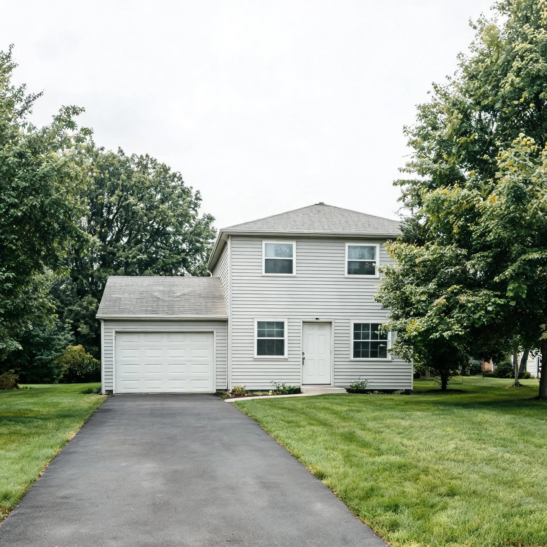 A two-story house with light gray horizontal siding and an attached single-car garage, fronted by an asphalt driveway, mowed lawn, and mature deciduous trees under an overcast sky.