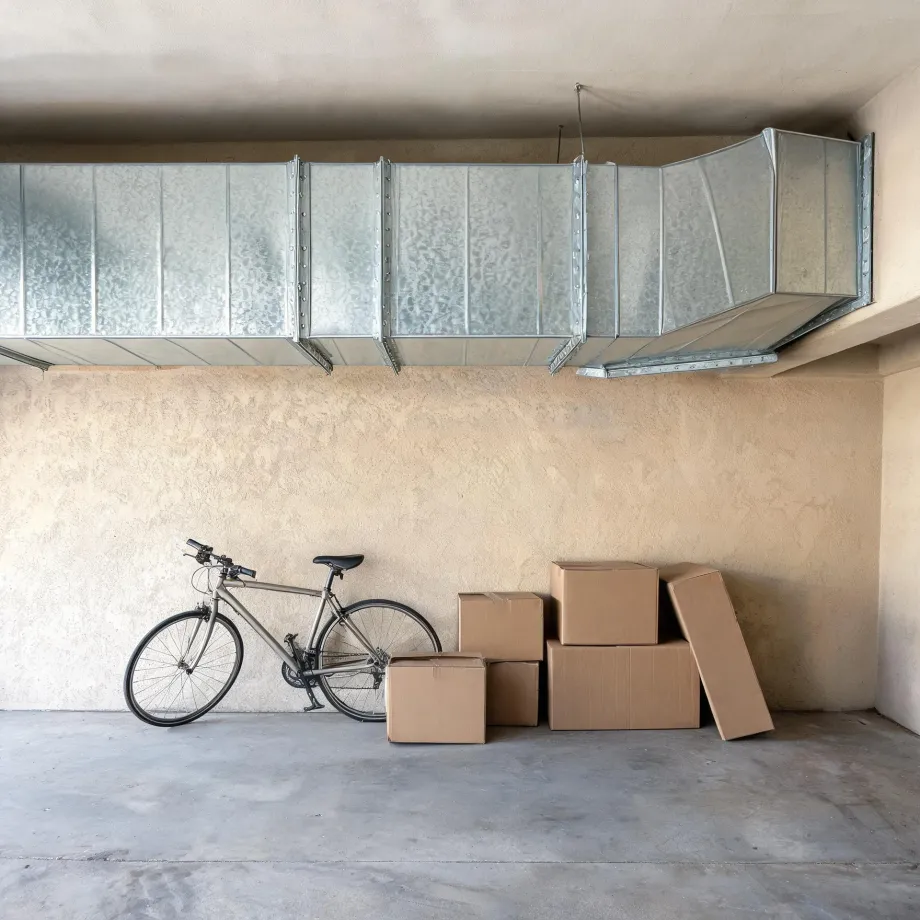 A garage interior with a bicycle leaning against a beige stucco wall beside stacked cardboard boxes, with large galvanized metal ductwork running along the ceiling above.