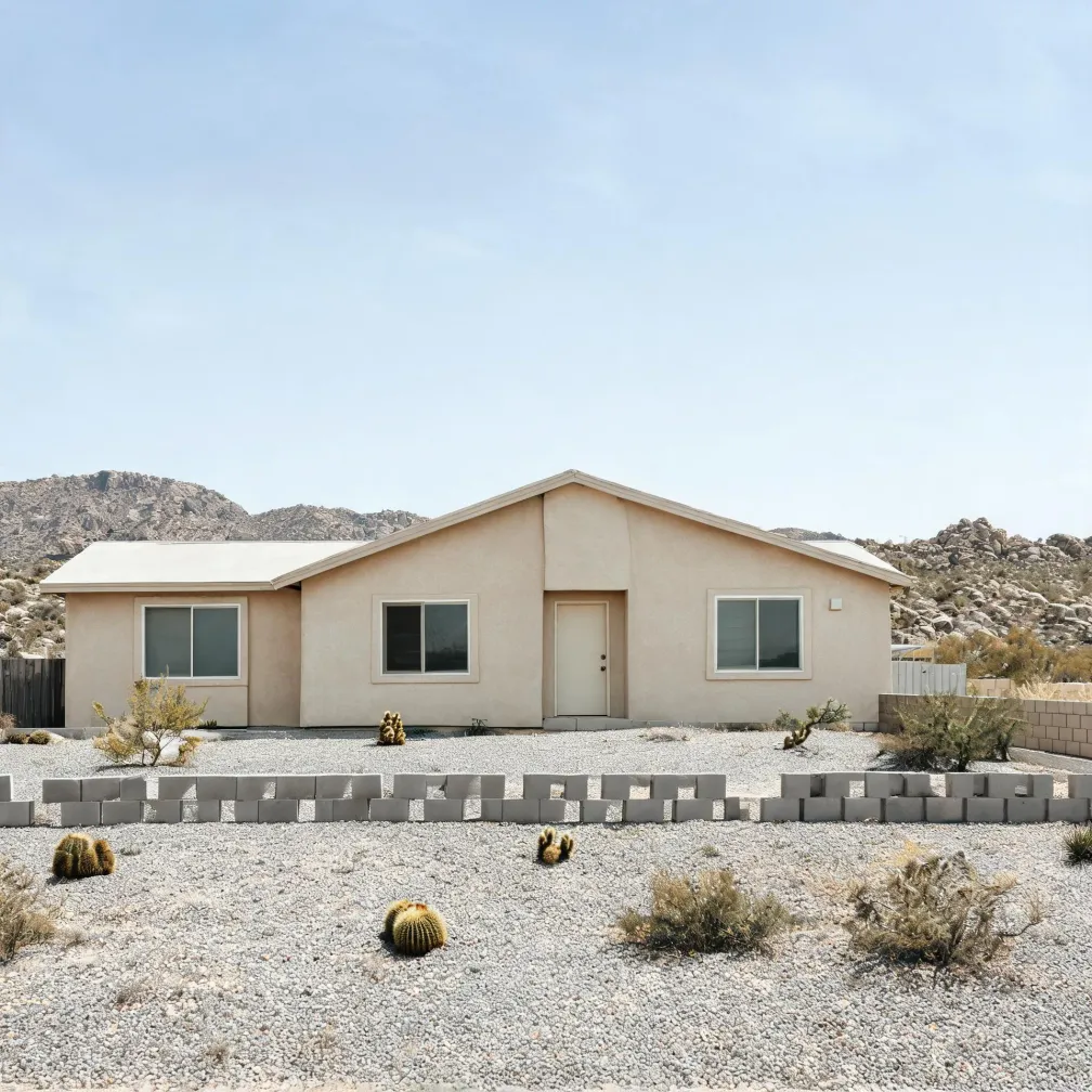A single-story beige stucco house with a low gabled roof, large windows and a white front door, set on gravel ground with barrel cacti, dry shrubs, a low concrete block border wall, and rocky hills behind it under a pale sky.
