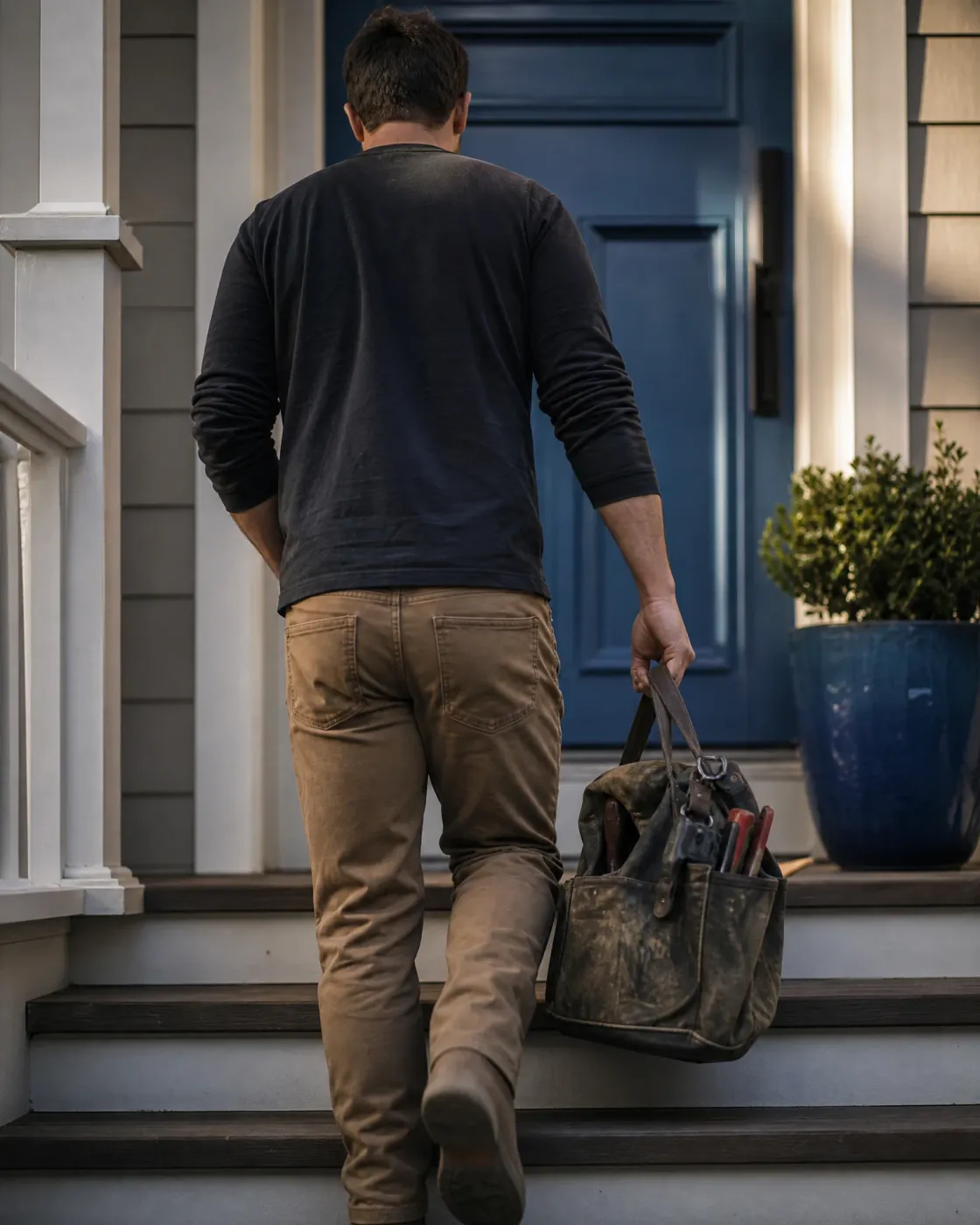 A man in a dark long-sleeve shirt and tan pants climbs porch steps toward a blue front door, carrying a worn canvas tool bag with tools in its side pockets, beside a potted shrub in a blue planter.