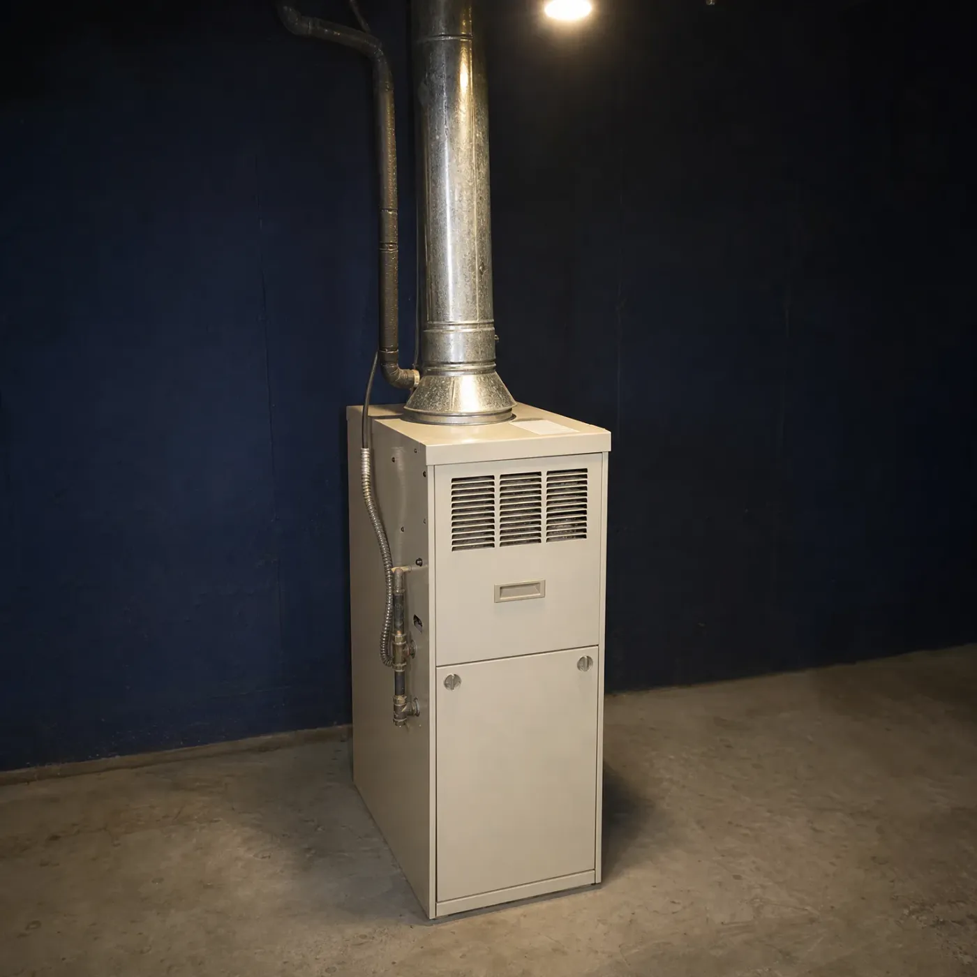 A beige residential furnace with a louvered vent panel stands against a dark blue wall on a concrete floor, with a metal flue pipe and a smaller duct rising from its top.