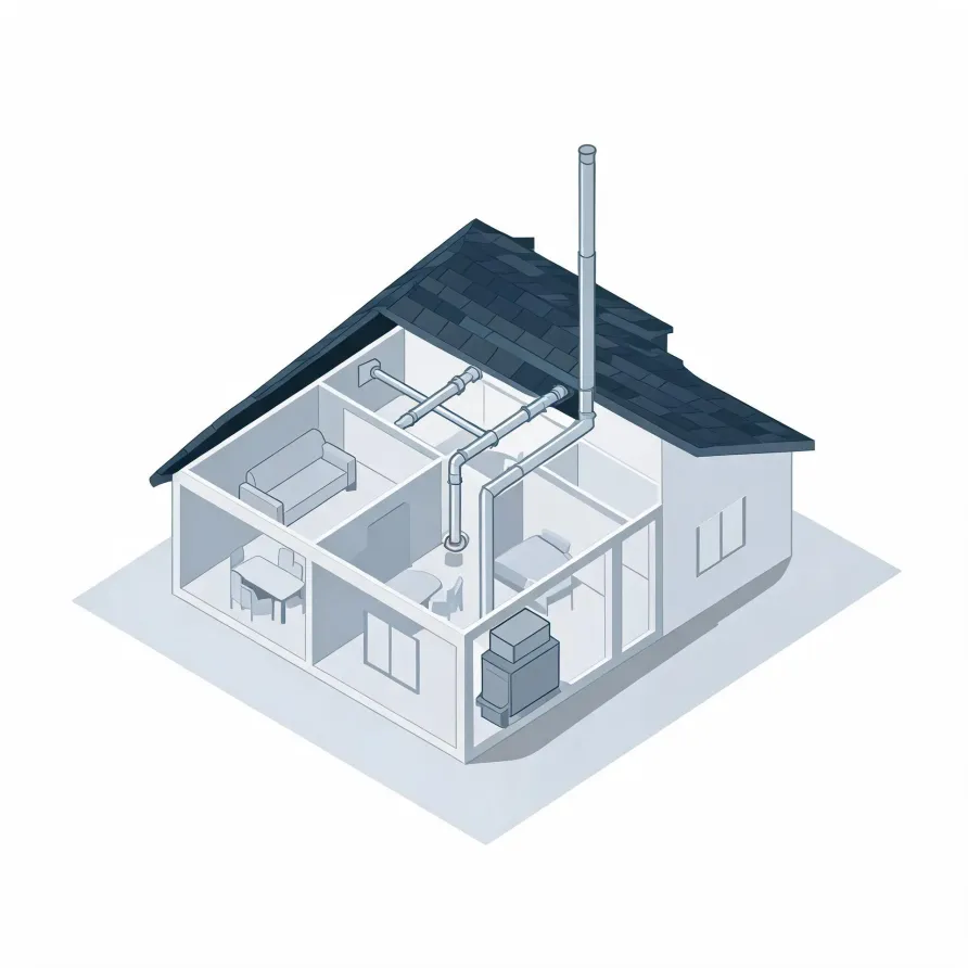 Isometric cutaway illustration of a single-story house showing interior rooms with furniture, ductwork and piping running to a tall vertical flue through the dark shingled roof, and a furnace-like appliance unit on the floor.