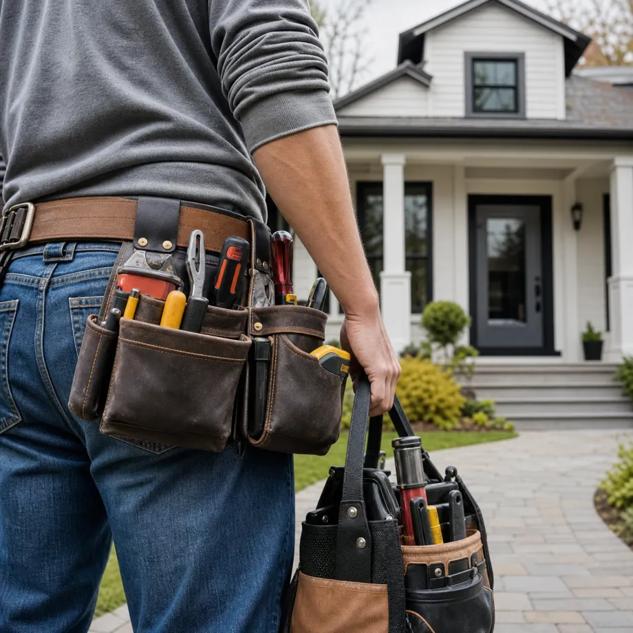 Close-up of a person in a gray shirt and jeans wearing a leather tool belt filled with hand tools and carrying a tool bag, standing on a paved walkway in front of a white house with a dark front door.