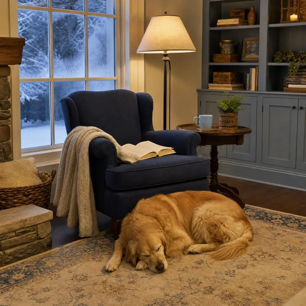 A golden retriever sleeps on a patterned rug beside a navy wingback chair with a knit throw and open book, next to a lit floor lamp, a side table with a mug and small plant, gray built-in shelving, and a window showing snow outside.