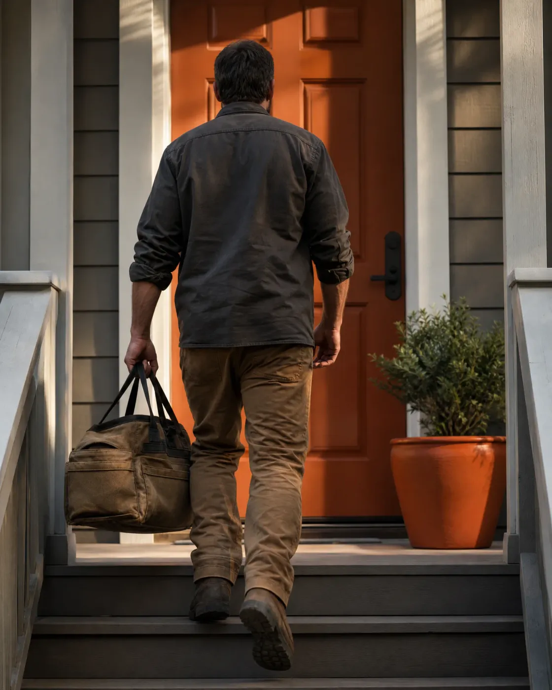 A man in a dark shirt and tan pants, seen from behind, carries a canvas duffel bag up porch steps toward an orange front door beside a potted shrub.