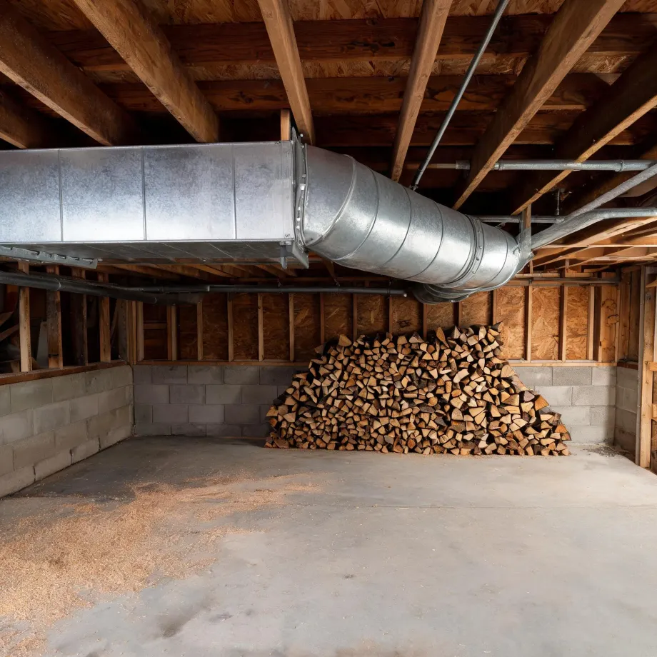 Unfinished basement with exposed wood joists, galvanized rectangular and round ductwork, concrete block walls, and a large stack of split firewood on the concrete floor.