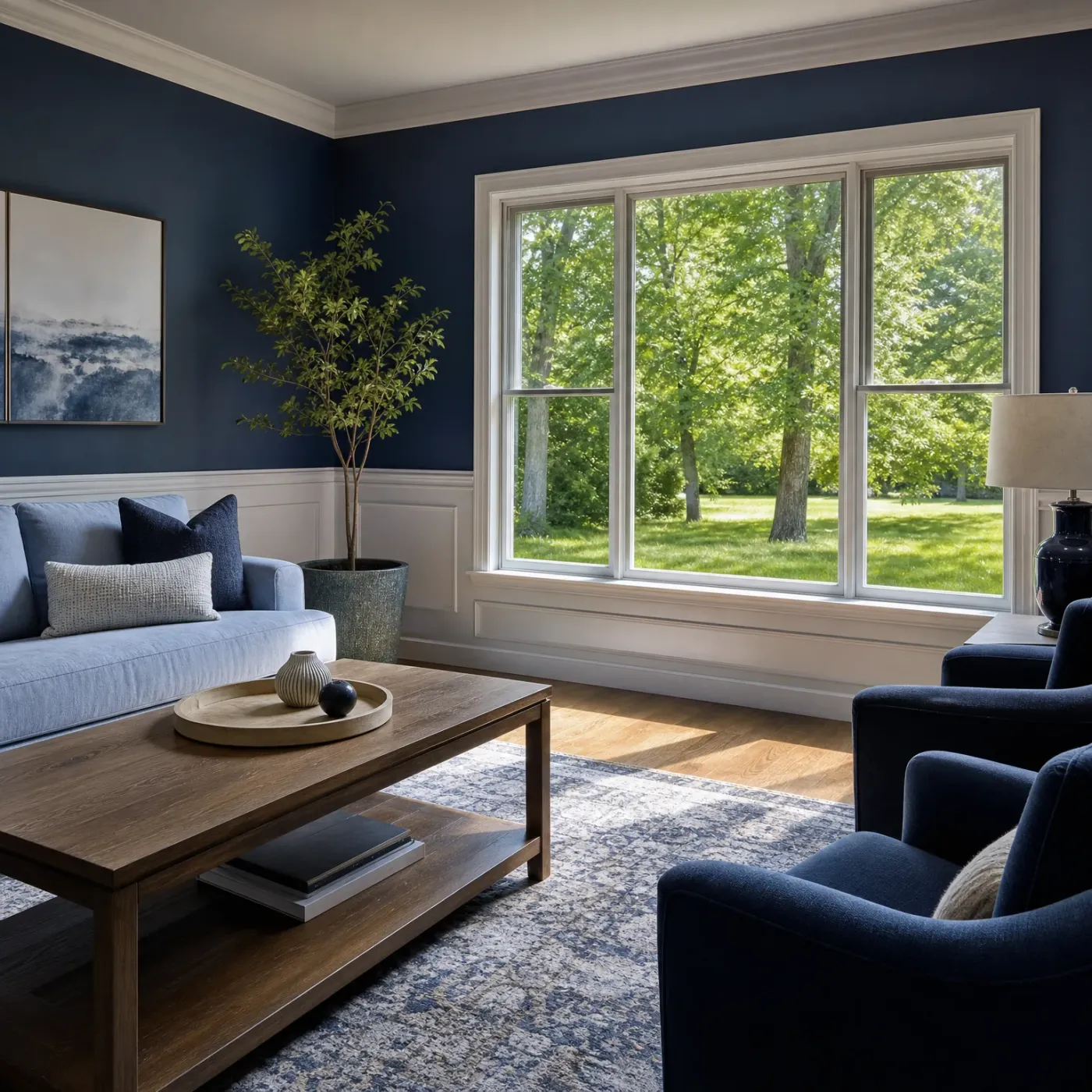 Living room with navy walls and white wainscoting, a light blue sofa with pillows, a dark wood coffee table on a patterned rug, navy armchairs, a potted tree, and a large three-pane window showing a sunlit green lawn and trees.