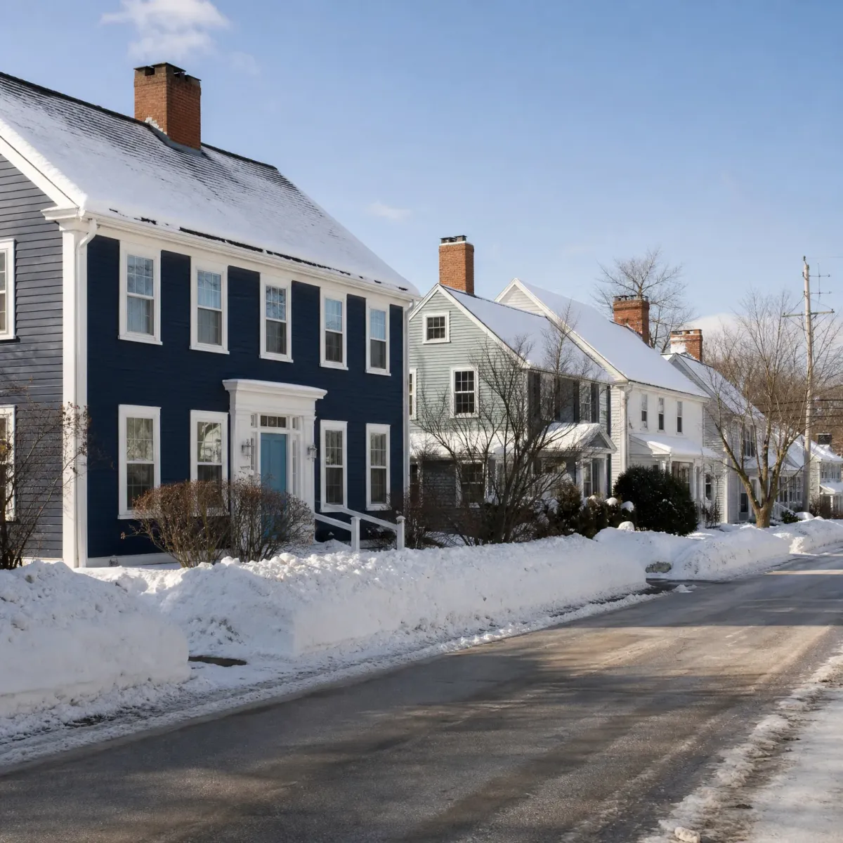 A navy blue clapboard house with white trim, a light blue front door and a brick chimney stands beside other white houses along a plowed street banked with snow under a clear sky.