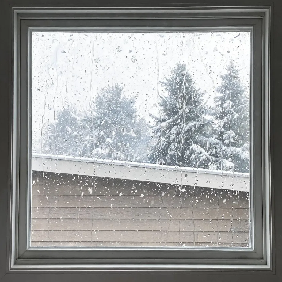 View through a square window with water droplets and condensation on the glass, showing snow-covered evergreen trees, a white railing or roof edge, and horizontal siding on a neighboring wall.
