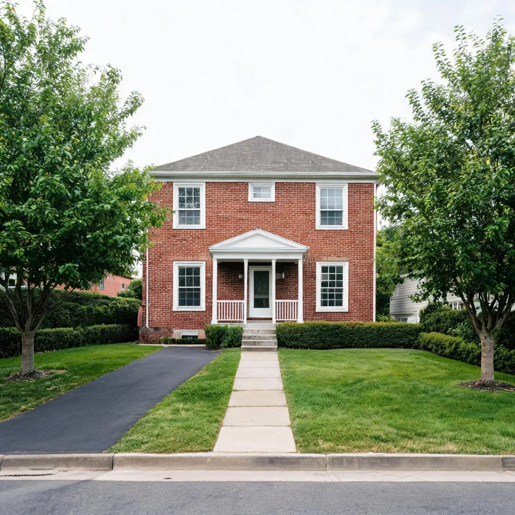 A two-story red brick house with white trim, a small columned front porch, asphalt driveway, concrete walkway, trimmed hedges, lawn, and leafy trees on either side.
