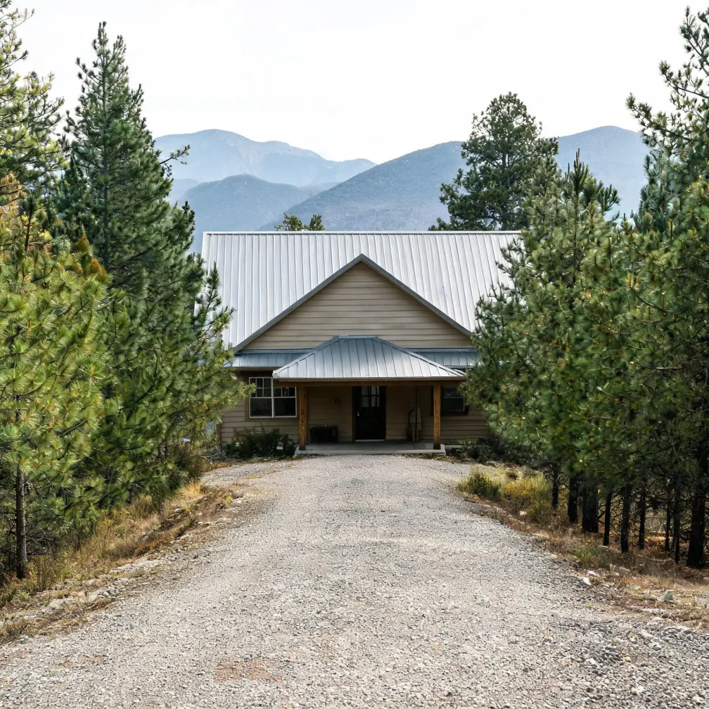 A gravel driveway leads to a single-story house with tan horizontal siding, a metal gable roof, and a covered porch, flanked by pine trees with hazy mountains behind.