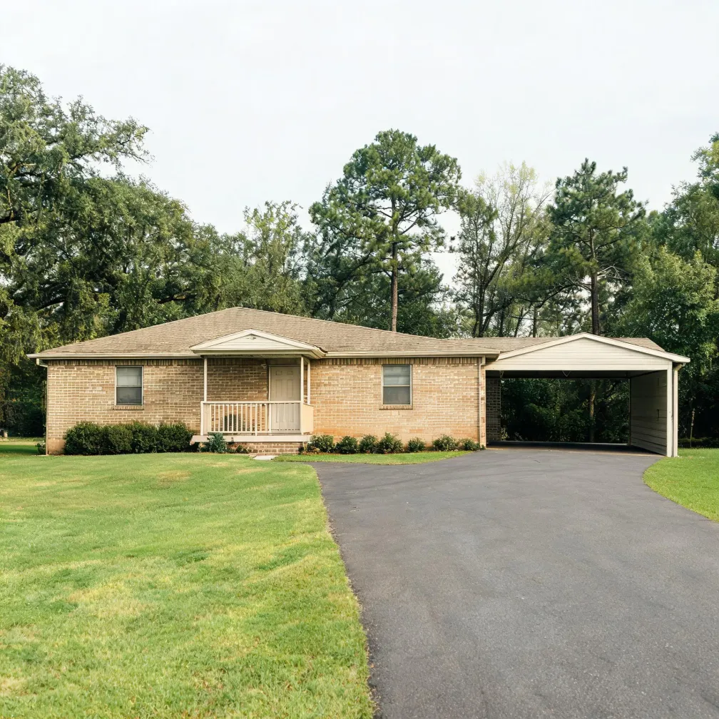Single-story brick house with a shingled hip roof, small covered porch with white railing, and an attached carport, fronted by an asphalt driveway and mown lawn with tall trees behind.