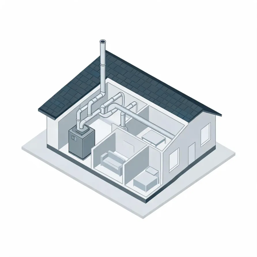 Isometric cutaway illustration of a single-story house showing a gray furnace connected to white ductwork and a flue pipe extending through the shingled roof, with simplified furniture in the interior rooms.