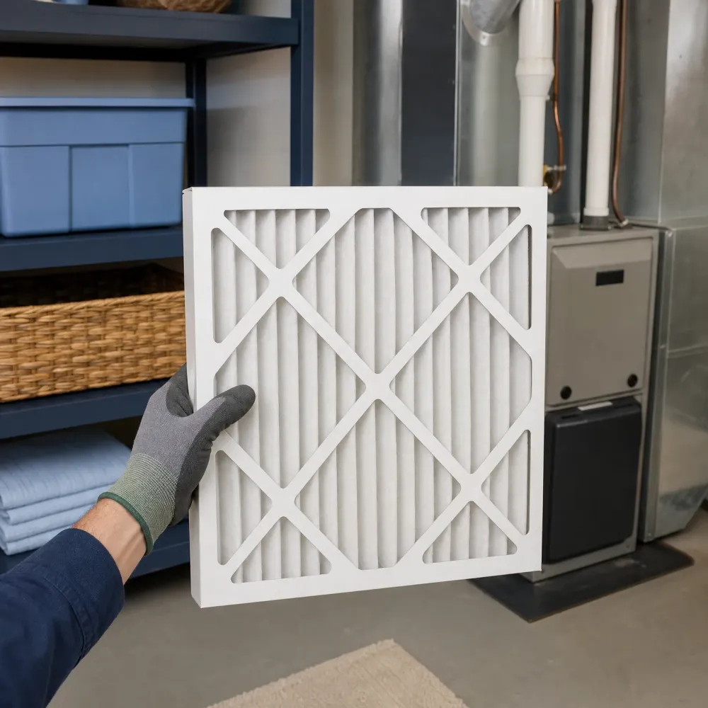 A gloved hand holds a white pleated air filter in a basement utility area with a furnace, ductwork, and shelving holding storage bins and towels.