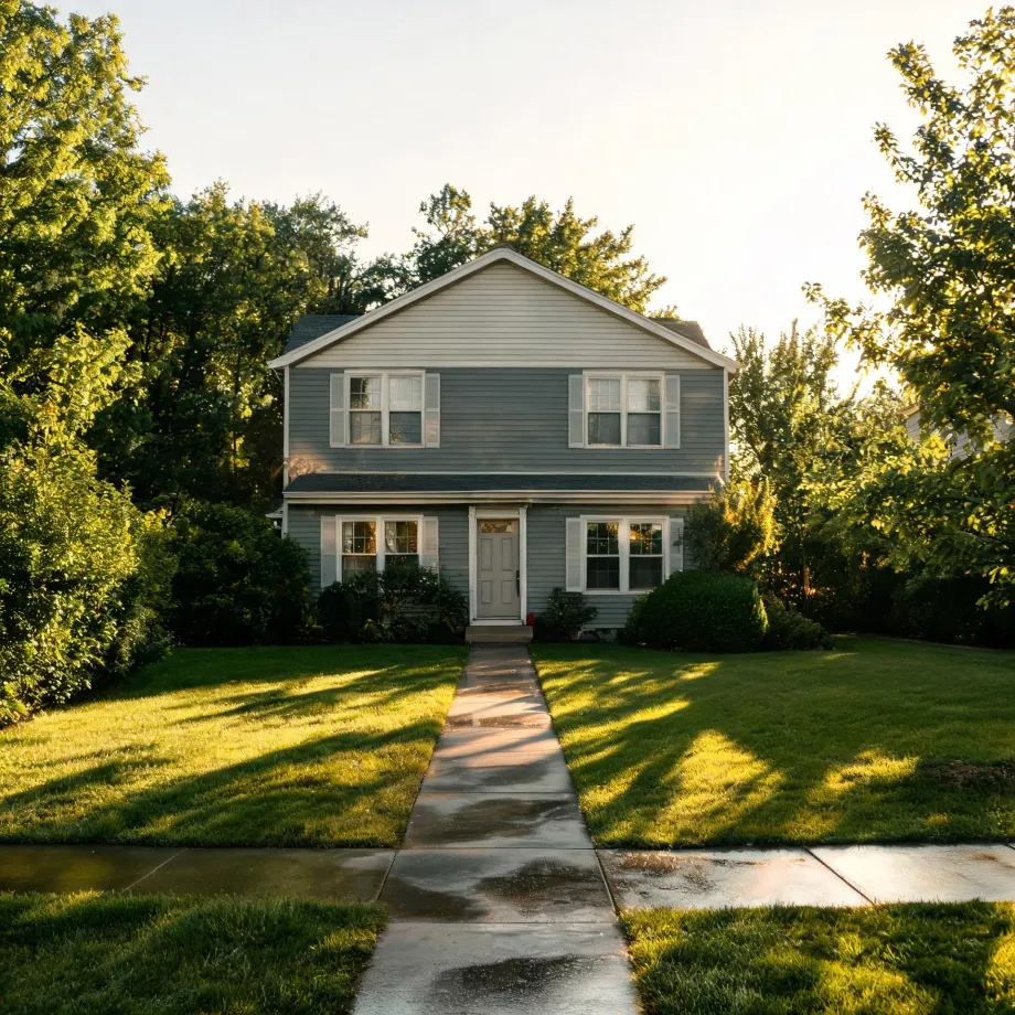 A two-story gray-sided house with white-trimmed windows and a white front door, fronted by a mown lawn, shrubs, and a concrete walkway meeting a sidewalk, with leafy trees on both sides in low sunlight.