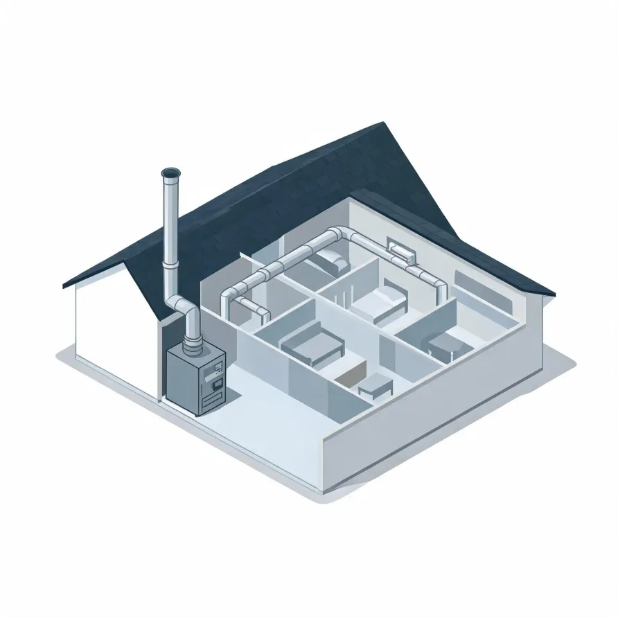 Isometric cutaway illustration of a single-story house with a dark shingled roof, showing interior rooms with beds and furniture, overhead ductwork, and a gray furnace with a tall flue pipe at the exterior wall.