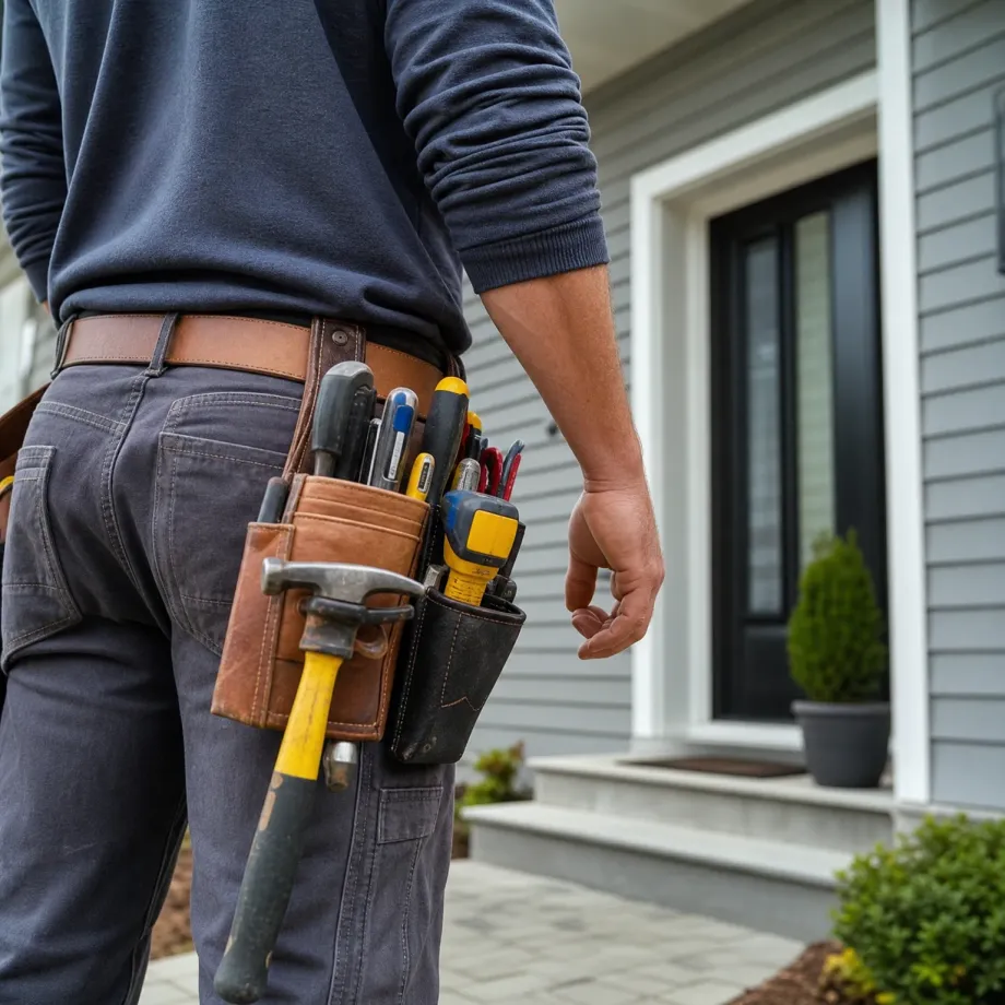 A man in a navy sweatshirt and gray work pants, seen from behind at waist level, wears a leather tool belt holding a hammer, screwdrivers and pliers while standing on a paved walkway in front of a gray horizontal-siding house with a dark front door.
