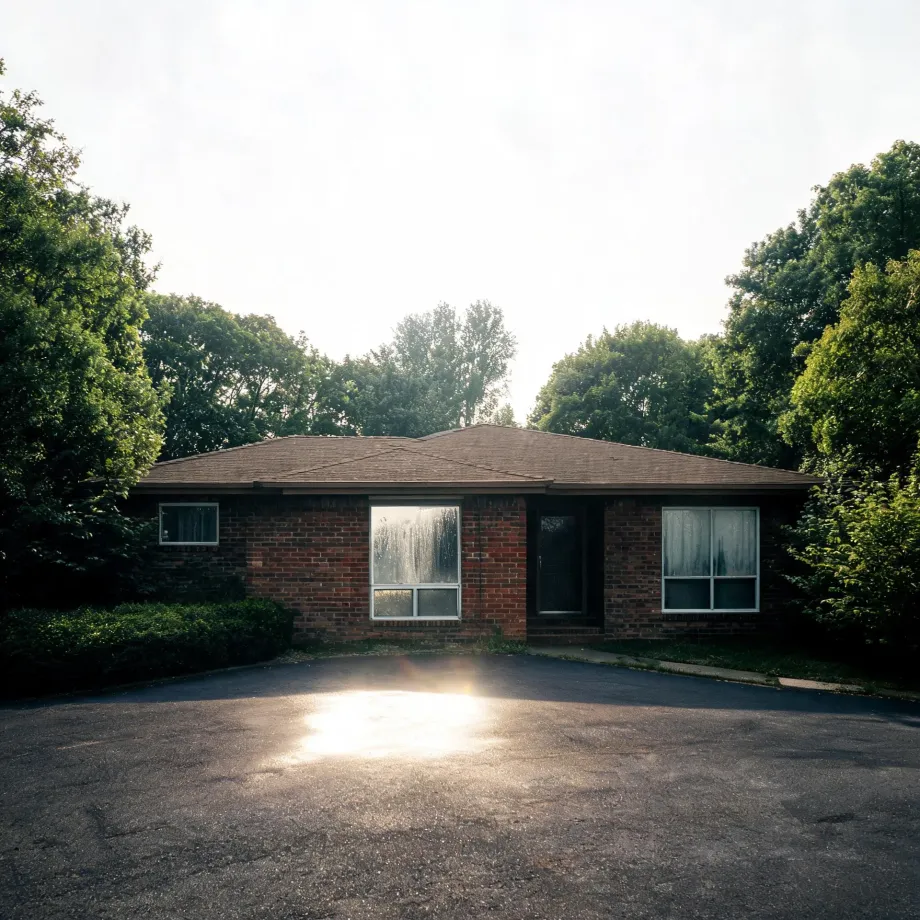 A single-story brick house with a low hipped shingle roof, a large picture window, a dark front door and shrubs, fronted by a wide asphalt lot with sun glare, surrounded by green deciduous trees under a bright hazy sky.