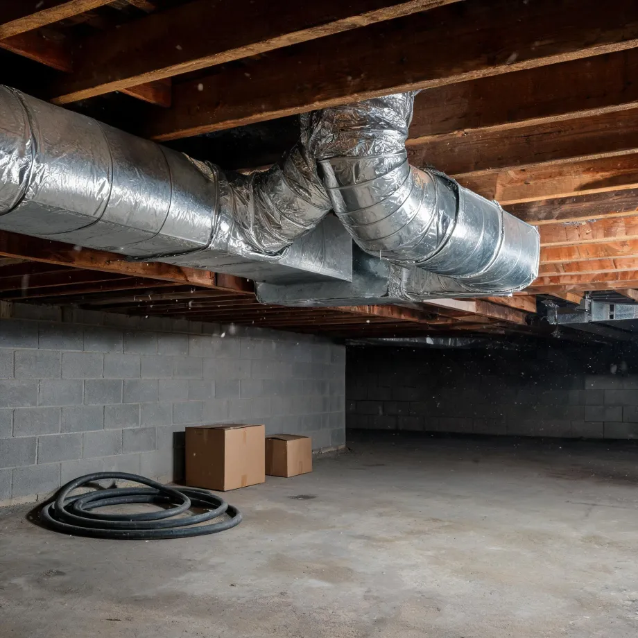 A basement or crawl space with insulated metal ductwork running beneath wooden floor joists, concrete block walls, a coiled black hose, and two cardboard boxes on a concrete floor.