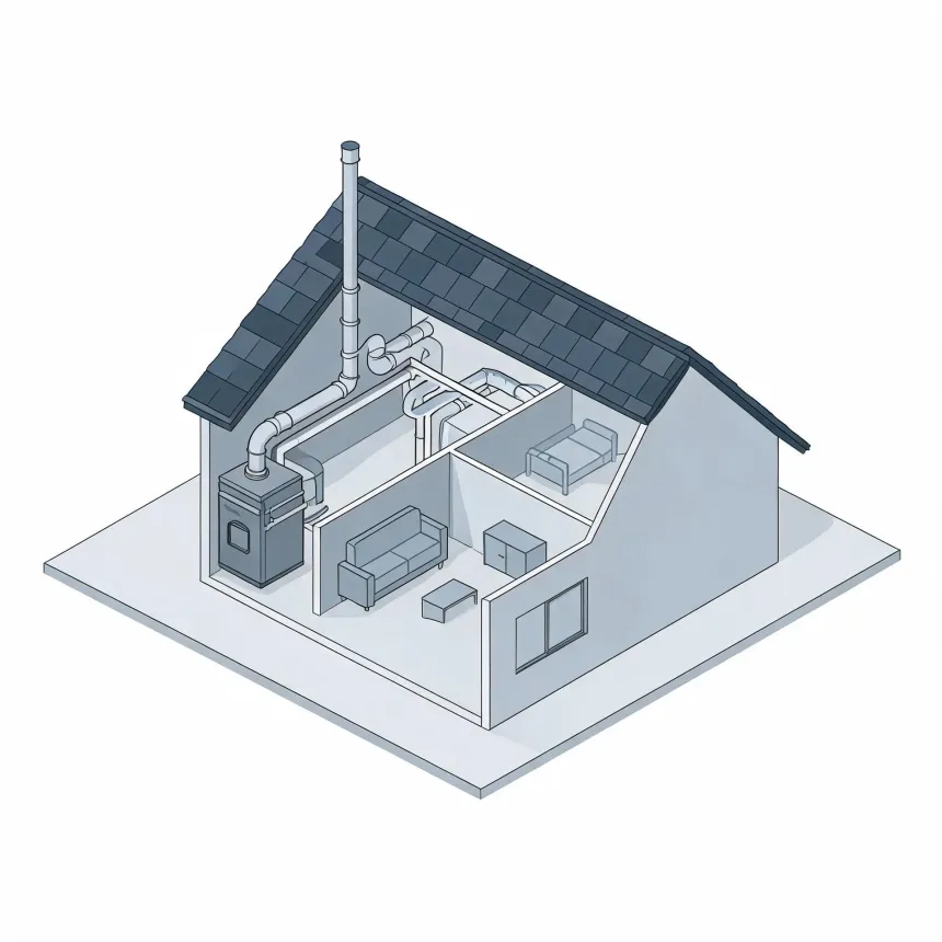 Isometric cutaway illustration of a small gabled house showing a furnace with flue pipe and ductwork connecting to interior rooms containing a sofa, bed, and cabinets.