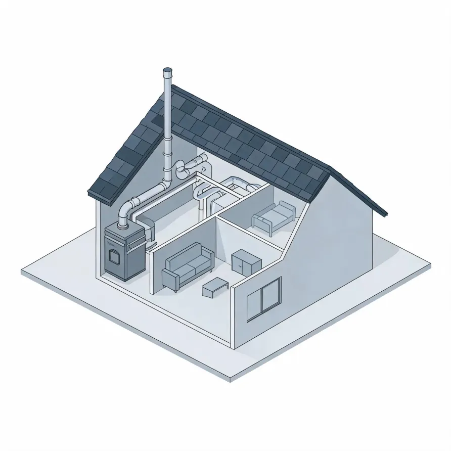 Isometric cutaway illustration of a small gabled house showing a furnace with flue pipe and ductwork connecting to interior rooms containing a sofa, bed, and cabinets.