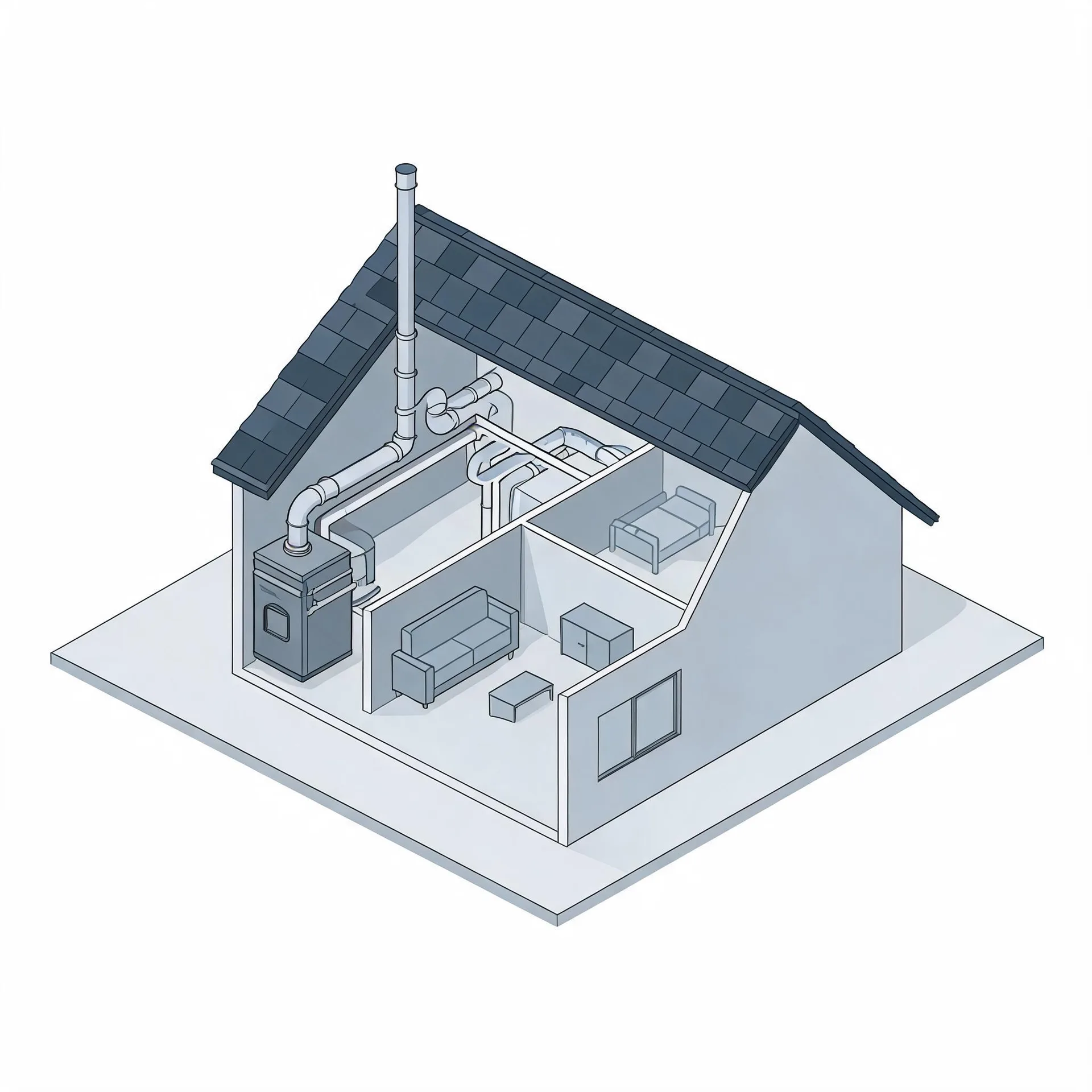Isometric cutaway illustration of a small gabled house showing a furnace with flue pipe and ductwork connecting to interior rooms containing a sofa, bed, and cabinets.