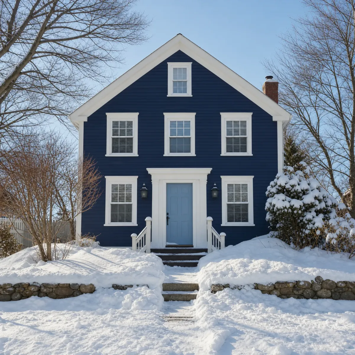 A two-story navy blue clapboard house with white trim, a light blue front door, and a brick chimney, surrounded by deep snow, bare trees, and a stone retaining wall with stone steps leading up to the entry.