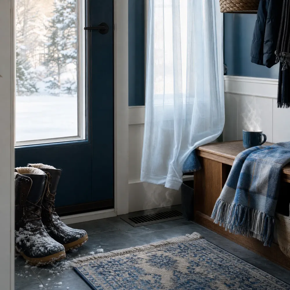 A mudroom entry with snow-covered boots on a tiled floor, a floor vent, a wooden bench with a blue plaid throw and steaming mug, a sheer curtain, a dark blue door, and a snowy conifer landscape outside the window.