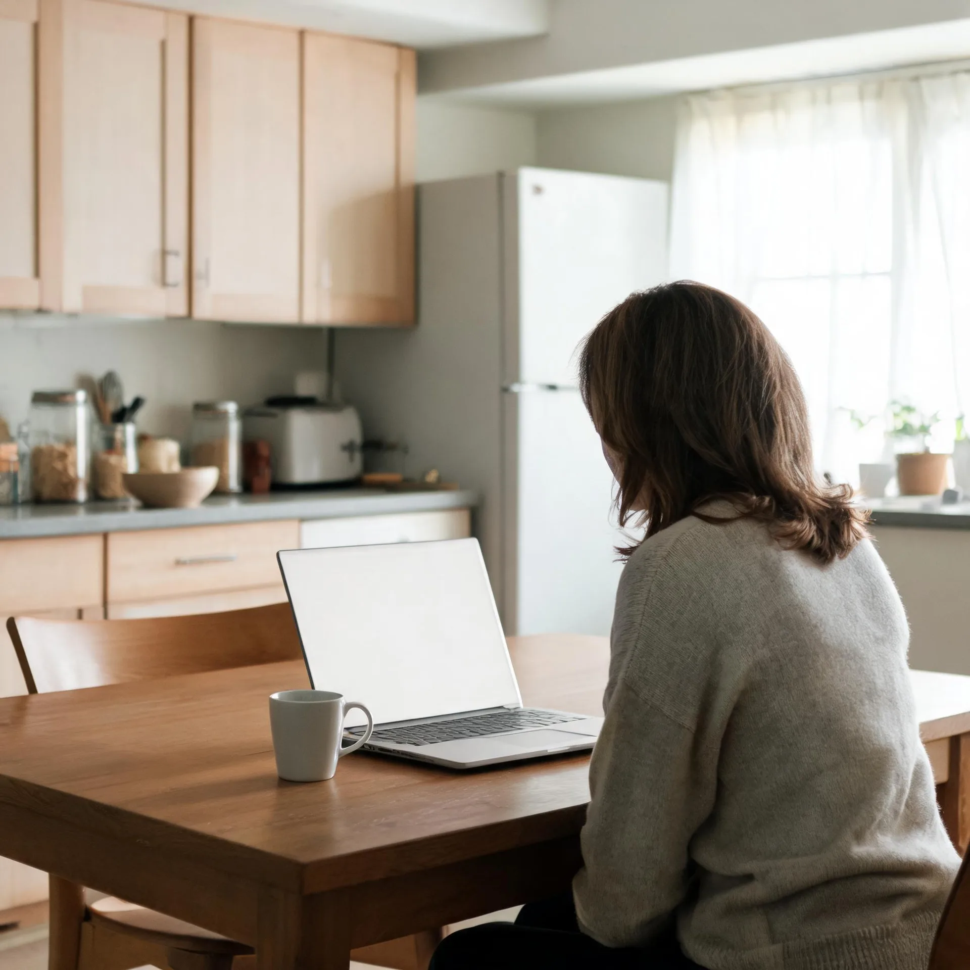A person in a gray sweater sits with their back to the camera at a wooden table with an open laptop and a white mug, in a kitchen with light wood cabinets, a white refrigerator, and a curtained window.
