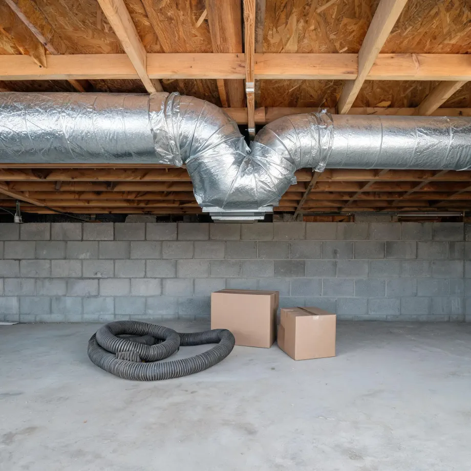 Basement or crawl space with concrete block walls and a bare wood joist ceiling, where insulated metal ductwork runs overhead, and a coiled flexible duct and two cardboard boxes sit on the concrete floor.