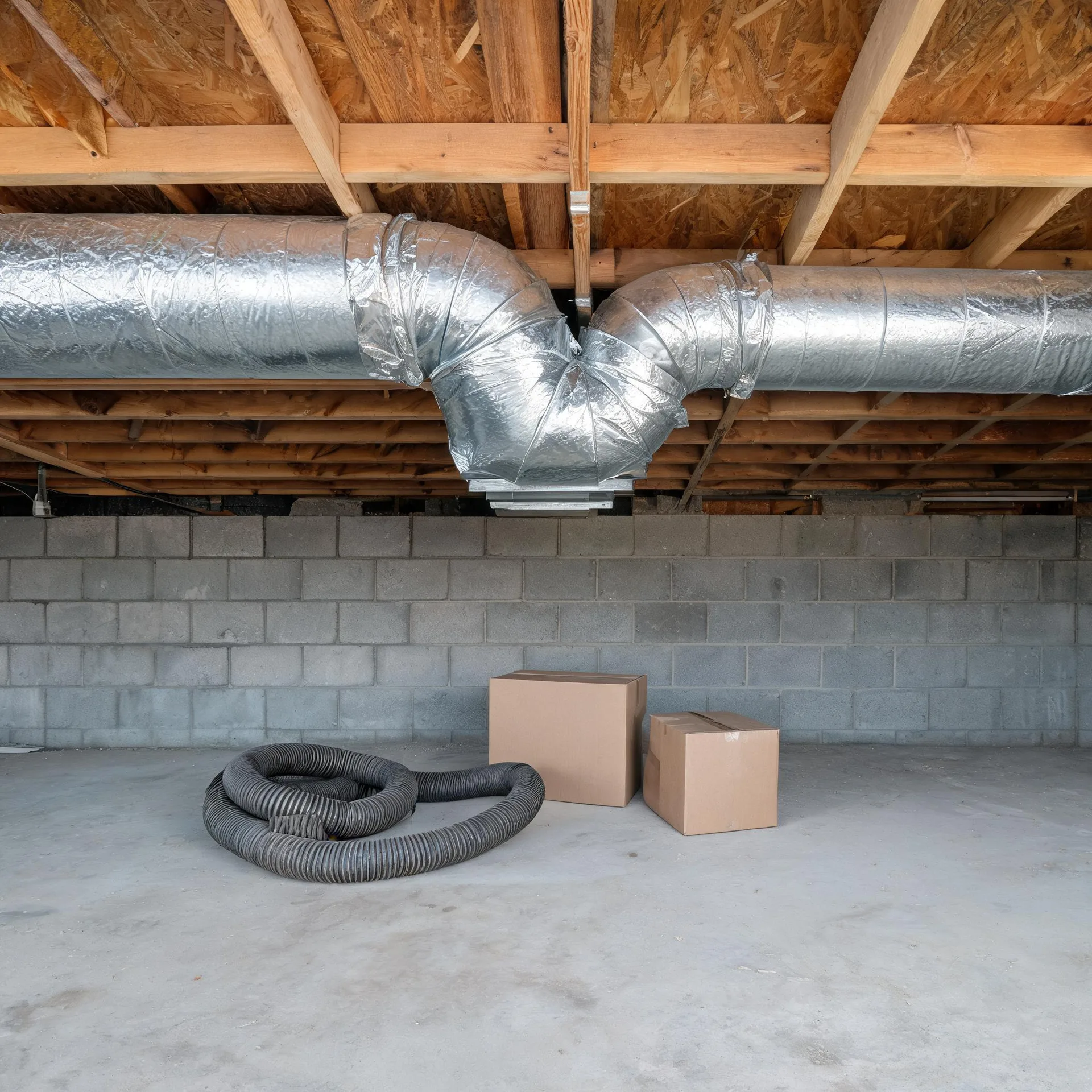 Basement or crawl space with concrete block walls and a bare wood joist ceiling, where insulated metal ductwork runs overhead, and a coiled flexible duct and two cardboard boxes sit on the concrete floor.